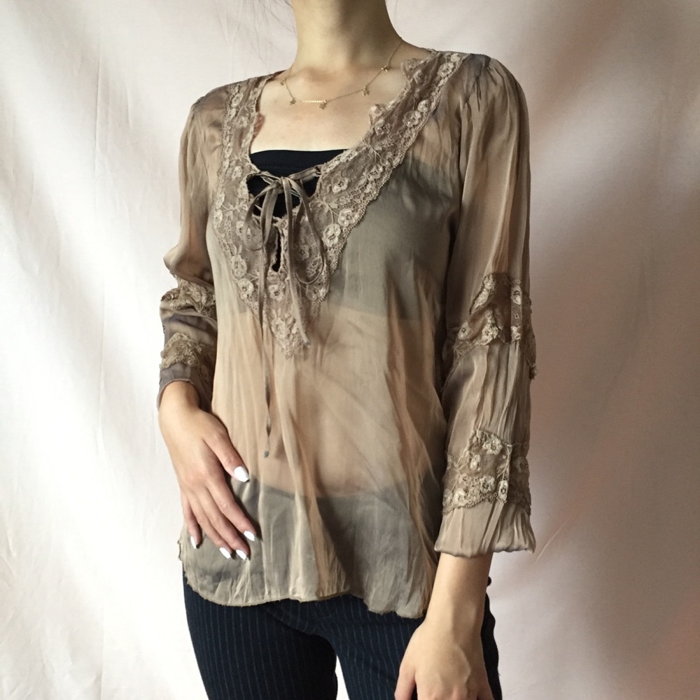 SHEER LACY LACE-UP BLOUSE